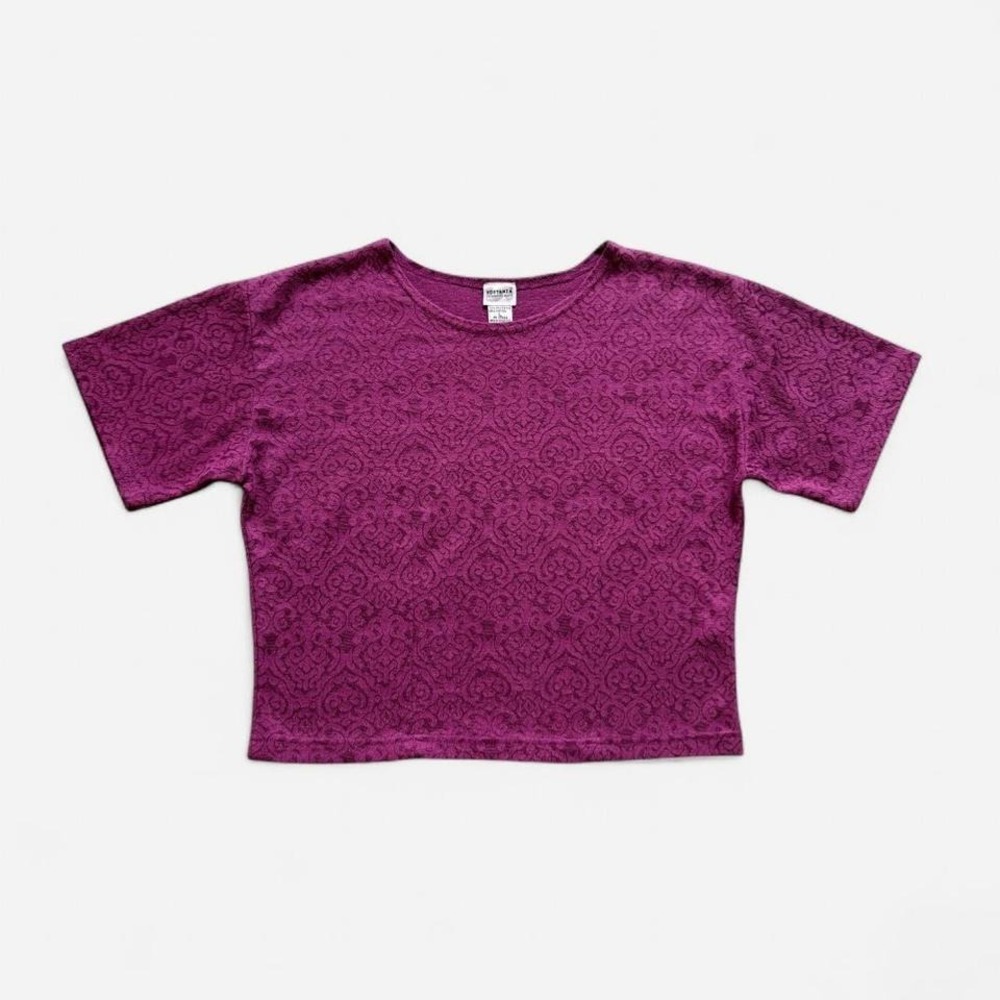 Sostanza 90s Purple Cropped Top Pink Baroque Metallic Lacey Print‎ Shirt Women L